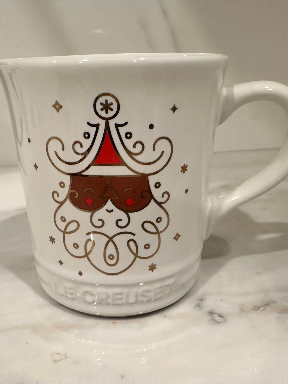 NWOT Le Creuset Holiday White Mug with Red and Gold Santa Face